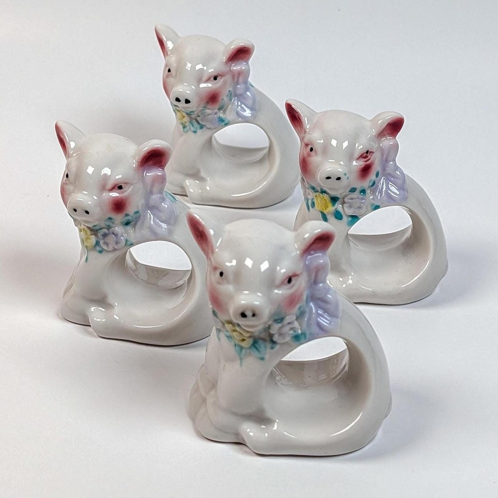 Vintage Ceramic Pig Napkin Rings Set of 4 Floral Wreath Bow Farmhouse Decor